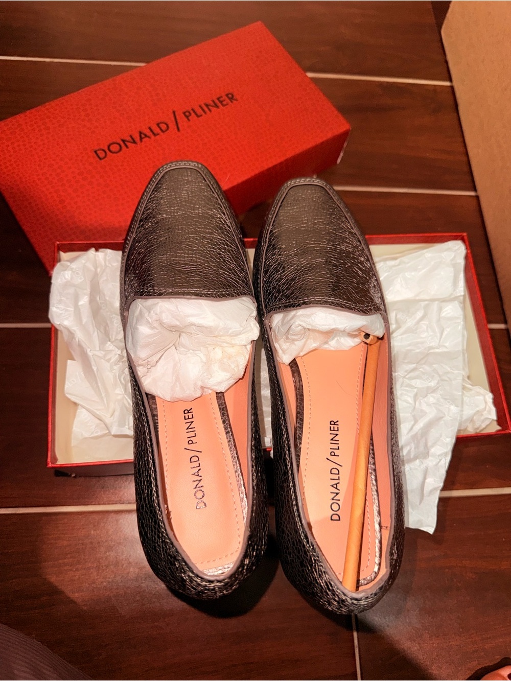 Donald J. Pliner dark taupe pebble metalic Textured Leather Pointed Flats